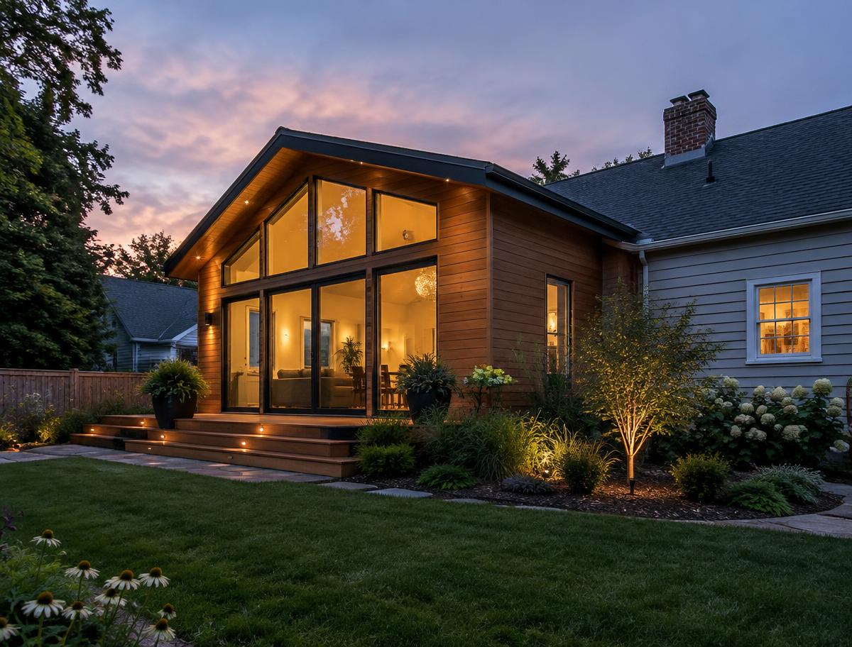 Completed home addition at dusk